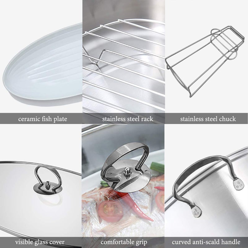 Eglaf 8Qt Stainless Steel Fish Steamer - Multi-Use Oval Cookware with Rack, Ceramic Pan, Chuck - Stockpot for Steaming Fish, Boiling Soup - Image 3